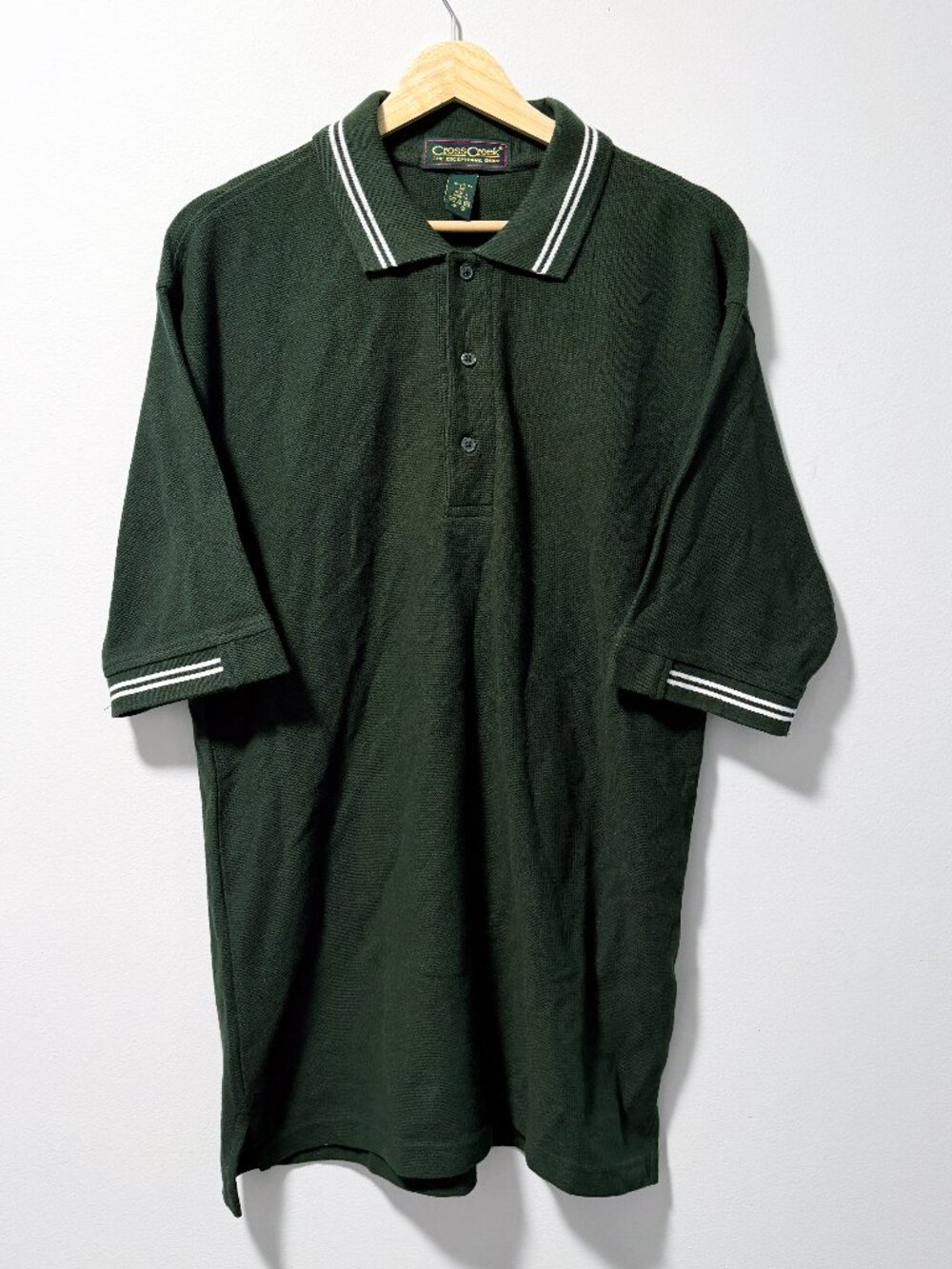 Cross Creek Polo Shirt Mens M Green Vintage 90s Textured Knit Tipped Cotton